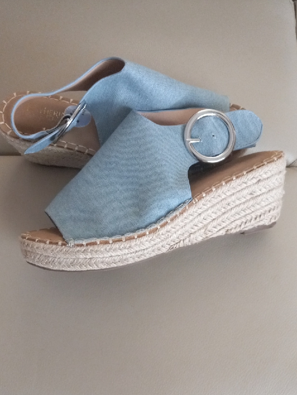 Light Blue Denim Wedge Espadrille Sandals with Silver Buckle Size 7.5